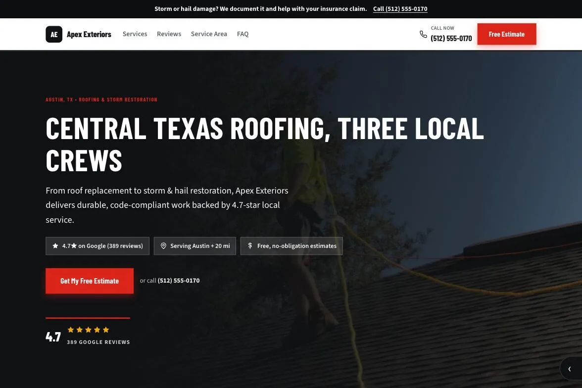 Apex Exteriors website preview, Bold Industrial design