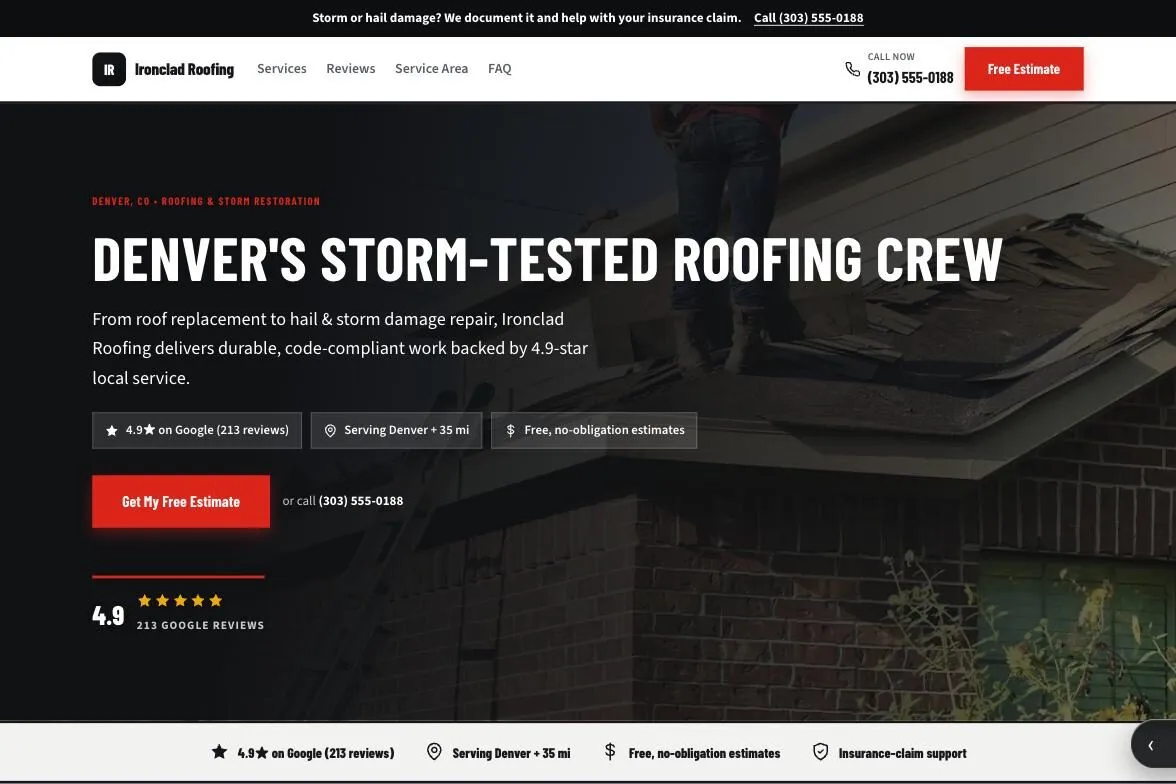 Ironclad Roofing website preview, Bold Industrial design